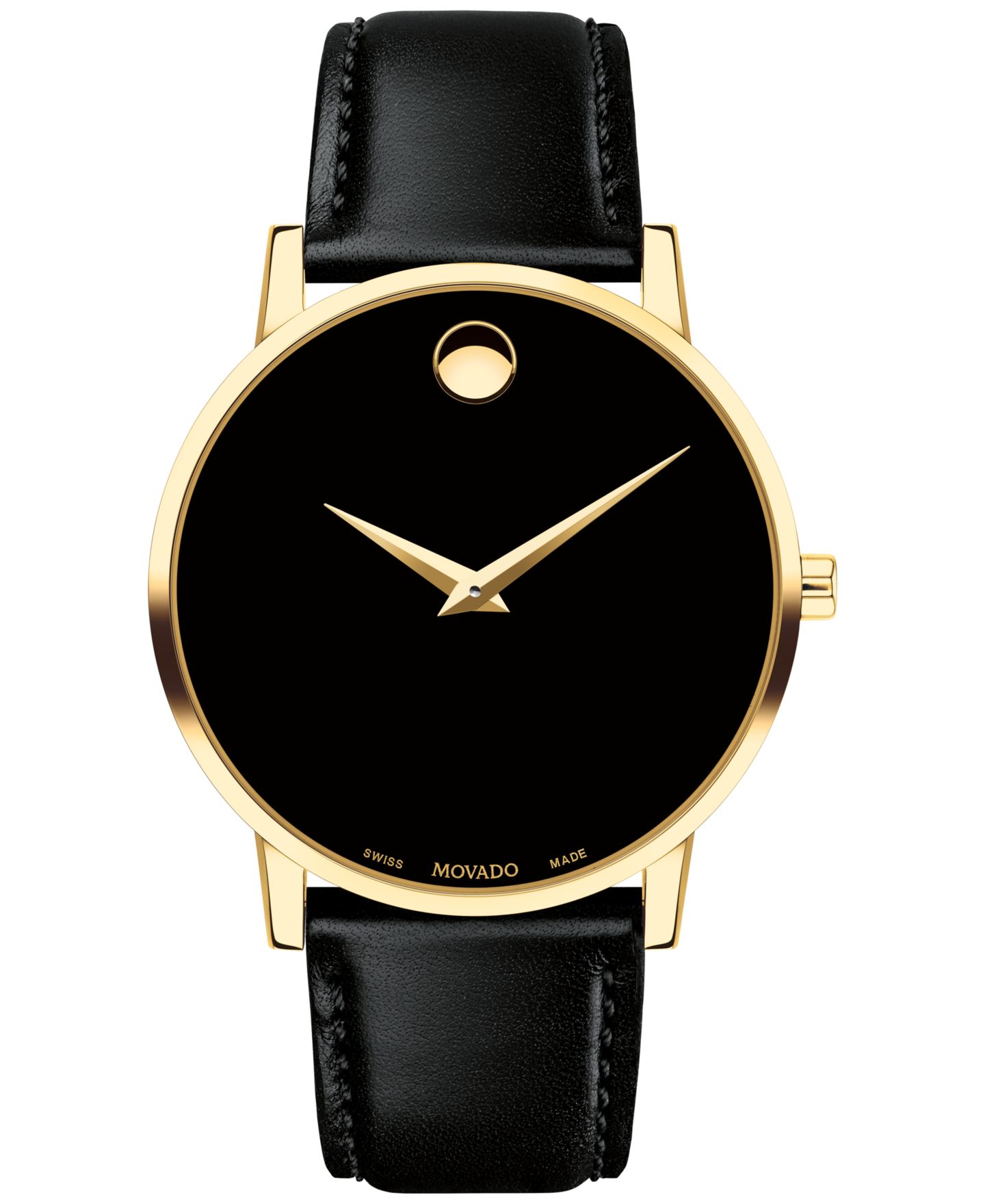 Мужские часы Movado Swiss Museum Classic Black Leather Strap Watch 40mm, цвет: Чёрный / Золотой чёрный — фото 1