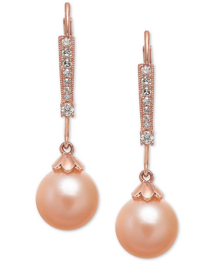 Macy's - Pink Cultured Freshwater Pearl (8mm) & Diamond (1/10 ct. t.w.) Linear Drop Earrings in 14k Rose Gold