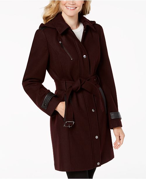 Michael Kors Faux-Leather-Trim Belted Coat - Coats - Women - Macy's