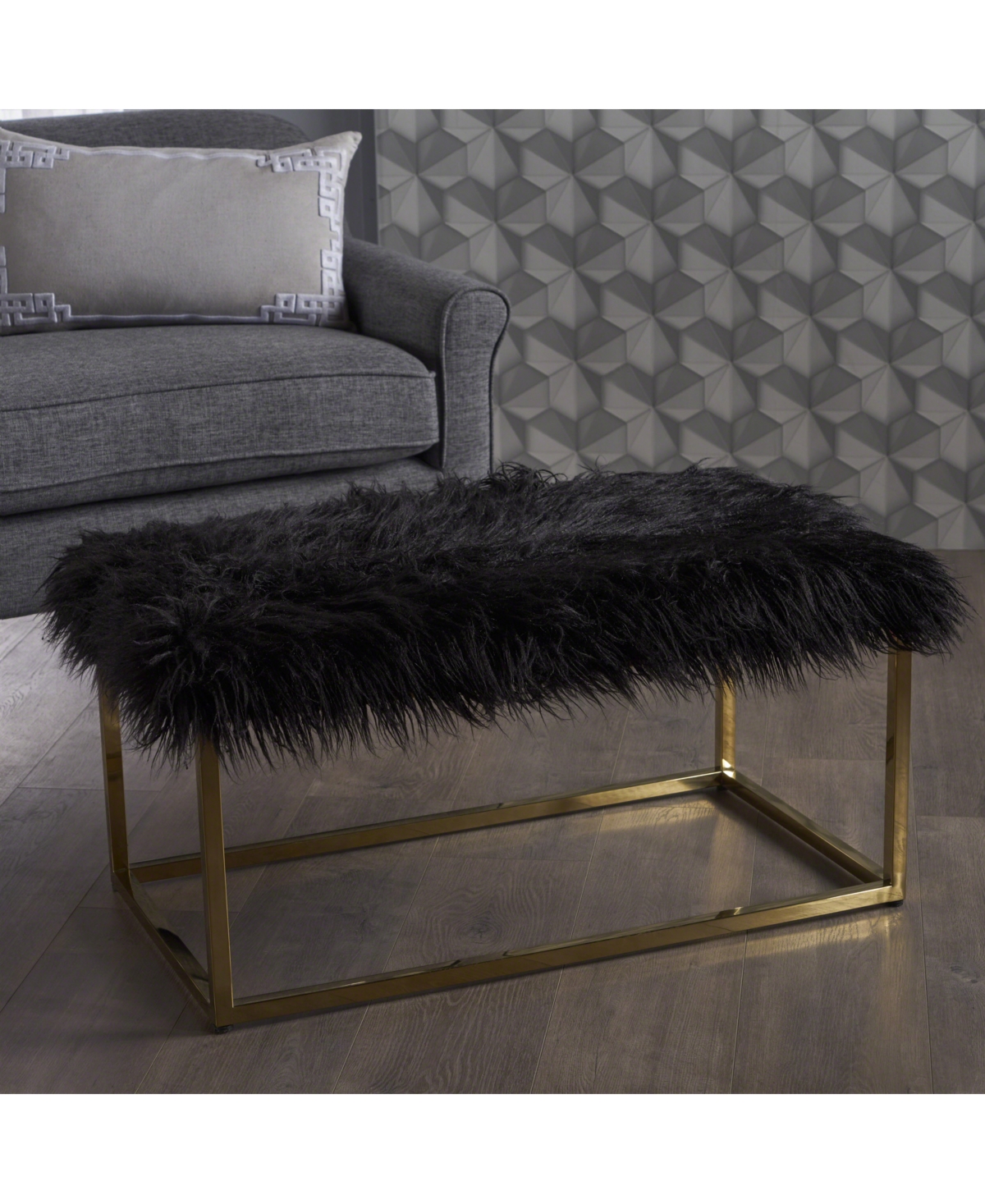 Noble House Sever Faux Fur Ottoman In Black