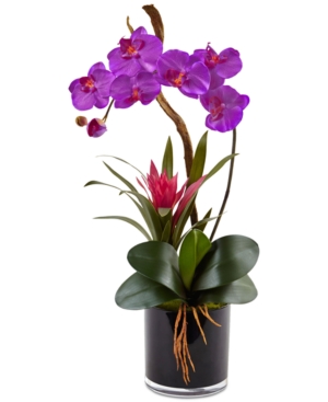 NEARLY NATURAL DARK PURPLE ORCHID & BROMELIAD ARTIFICIAL ARRANGEMENT IN GLOSSY BLACK CYLINDER VASE