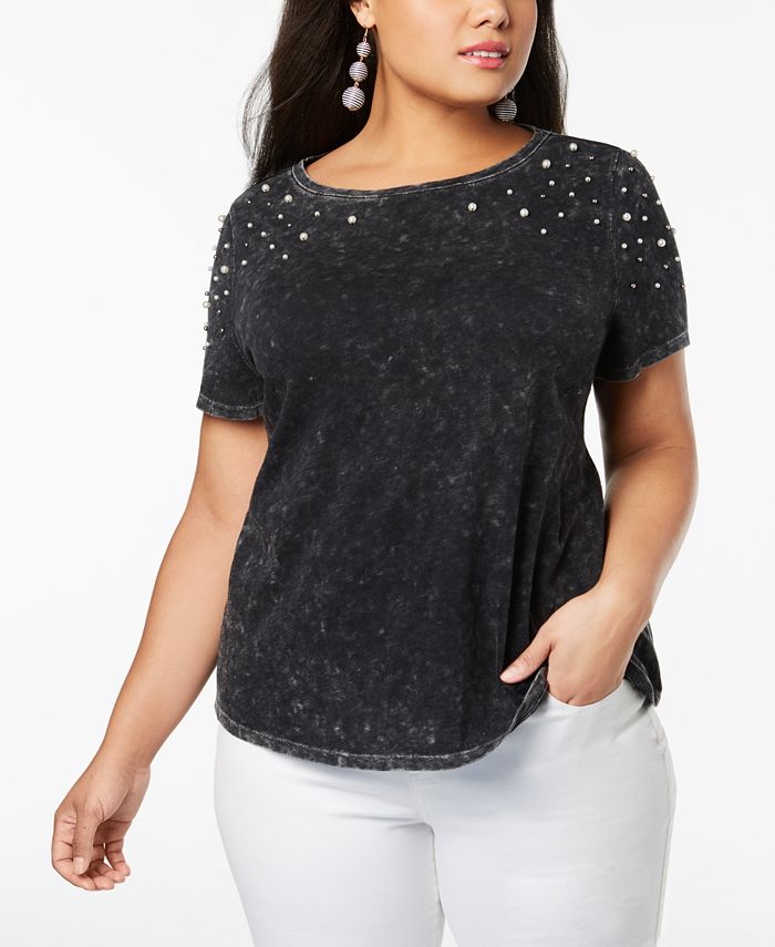 INC International Concepts I.N.C. Plus Size Cotton PearlEmbellished T