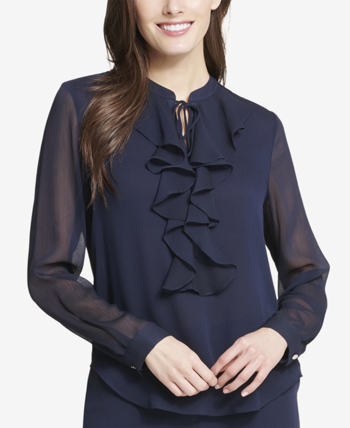 Women's Ruffled Tie-Neck Blouse - Dark Blue