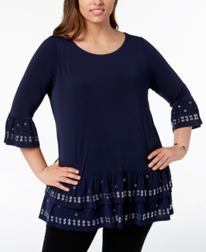 Belldini PLUS SIZE GROMMET-TRIMMED RUFFLED TUNIC TOP