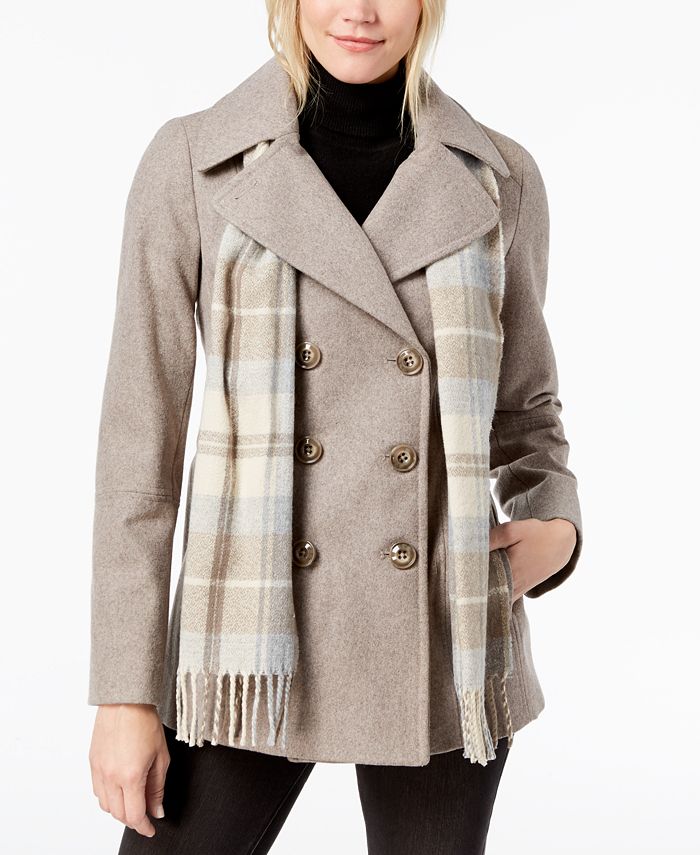 London Fog Double-Breasted Plaid-Scarf Peacoat - Macy's