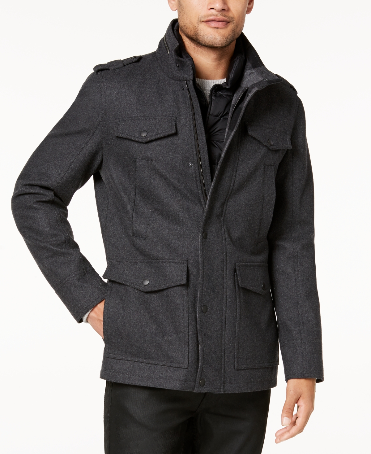 Men's Military-Inspired Coat with Plaid Detail, Created for Macy's - Charcoal