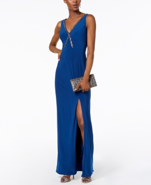 ADRIANNA PAPELL BEADED V-NECK GOWN