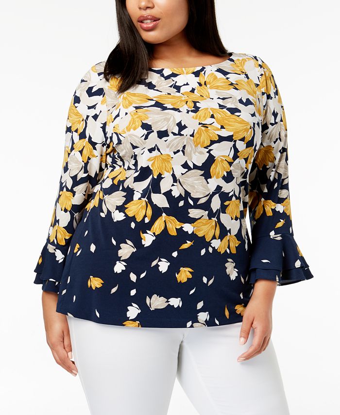 Charter Club Plus Size Floral-Print Ruffle Cuff Top, Created for Macy's ...
