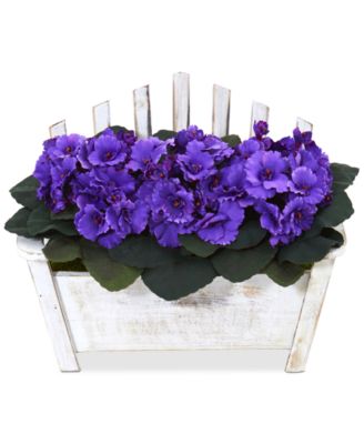 Nearly Natural - African Violet Artificial Plant in Wooden Bench Planter