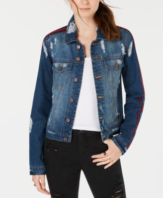 Almost Famous - Juniors' Varsity-Stripe Ripped Denim Jacket
