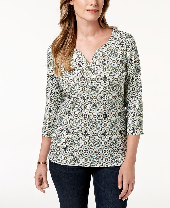 Karen Scott Women's Printed Henley Top Red Size Medium