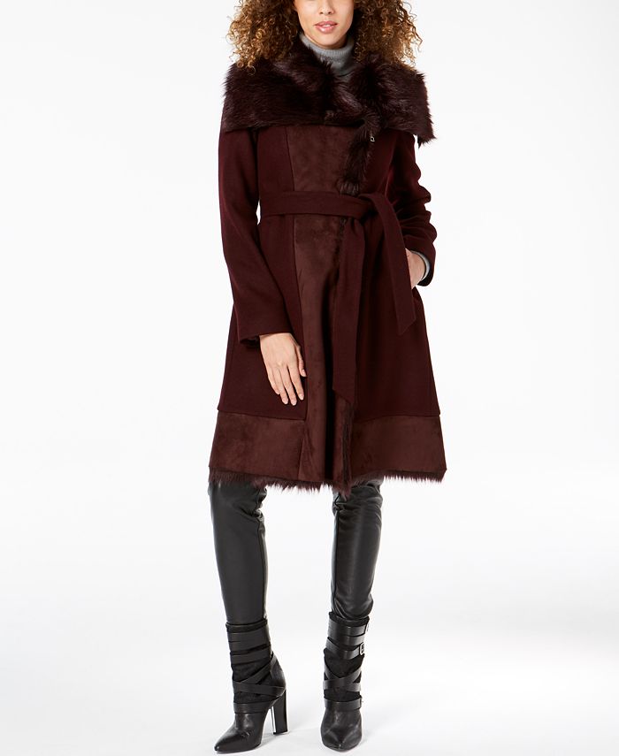 Vince camuto faux fur trim belted wrap coat on sale