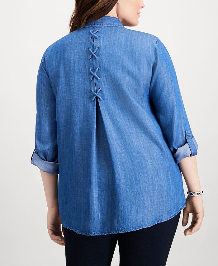 Style & Co Plus Size Embroidered Denim Shirt, Created for Macy's Macy's