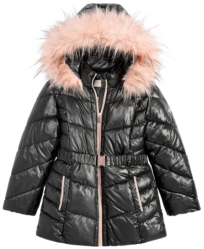 Michael Kors Girls Hooded Belted Stadium Jacket with Faux-Fur Trim - Macy's