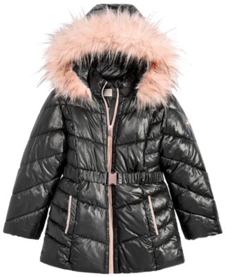 Michael Kors Little Girls Hooded Belted Stadium Jacket with Faux-Fur ...