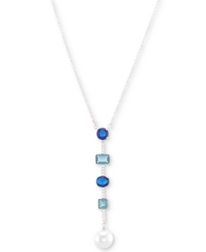 image of Nina Silver-Tone Cubic Zirconia and Stone Bar & Disc Lariat Necklace, 17
