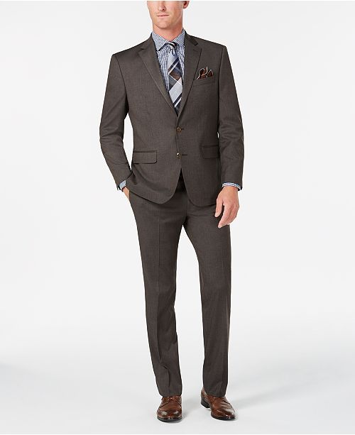 Club Room Men's Classic/Regular Fit Stretch Brown Sharkskin Suit