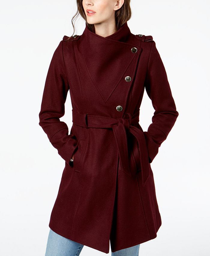 GUESS Asymmetrical Belted Wool Wrap Coat, Created for Macy's - Macy's