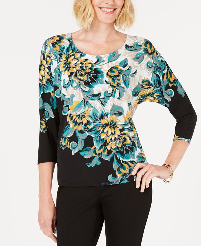 JM Collection Petite Embellished Dolman-Sleeve Printed Top, Created for ...