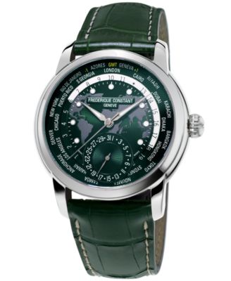 Frederique Constant - Men's Swiss Automatic Worldtimer Manufacture Green Alligator Leather Strap Watch 42mm