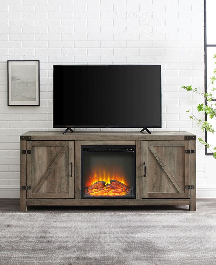 Walker Edison 58" Rustic Farmhouse Barn Door Fireplace TV Stand Storage