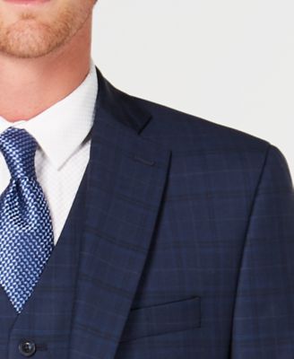 Michael Kors Men's Classic/Regular Fit Natural Stretch Navy Check Vested Wool Suit