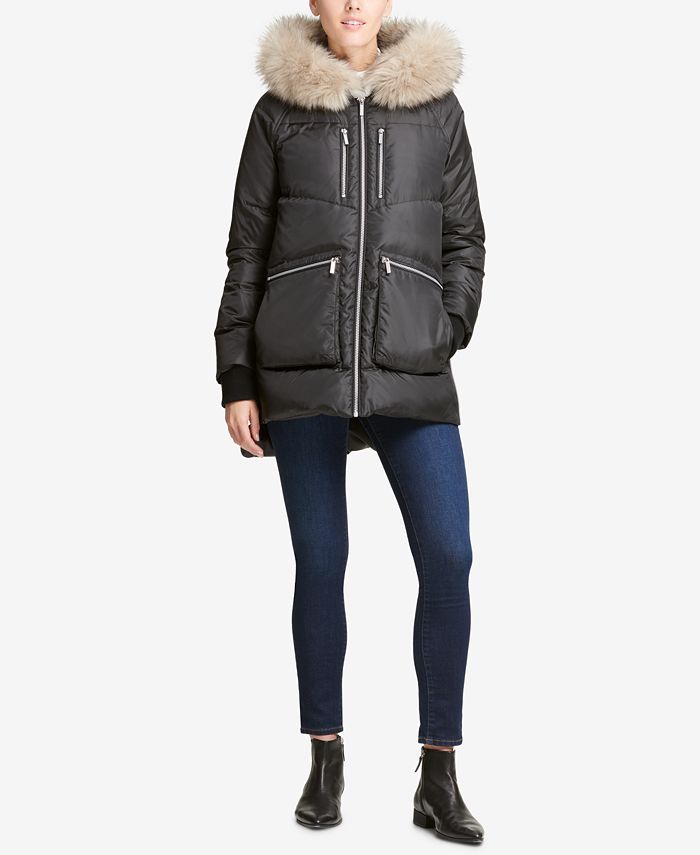 DKNY Faux-Fur-Trim Hooded Puffer Coat - Macy's
