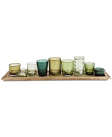 10-Pc. Wood Tray & Green Glass Votive Holders