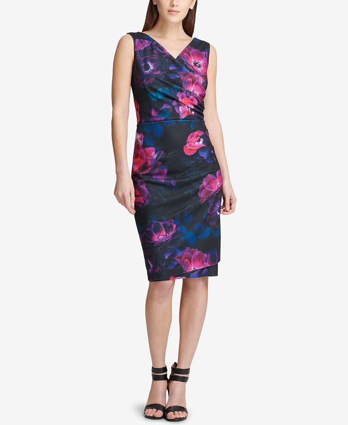 DKNY Floral Printed Ruched Sheath Dress, Created for Macy's - Macy's