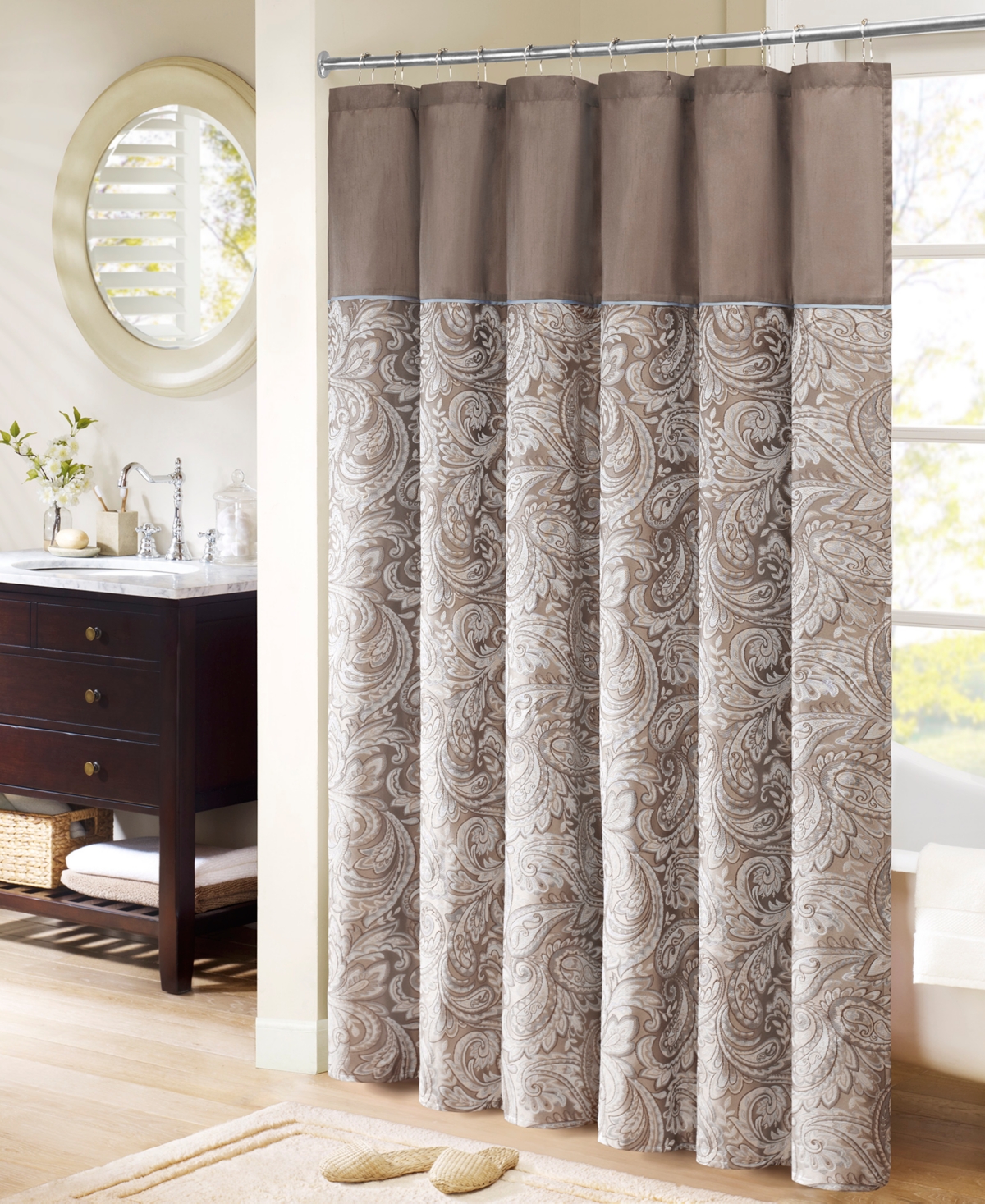 Madison Park Aubrey Jacquard Beaded Shower Curtain, 72" X 72" In Blue,brown