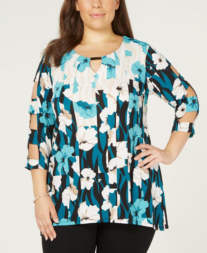 JM Collection Plus Size Printed Lattice-Sleeve Top, Created for Macy's ...