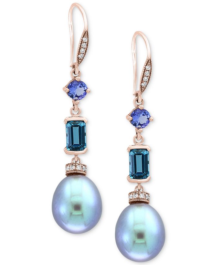 EFFY Collection - Blue Cultured Freshwater Pearl (12 x 10mm), Multi-Gemstone (1-3/4 ct. t.w.) & Diamond (1/8 ct. t.w.) Drop Earrings in 14k Rose Gold