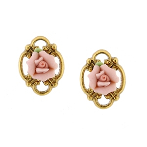 image of 2028 Gold-Tone Pink Porcelain Rose Button Earrings