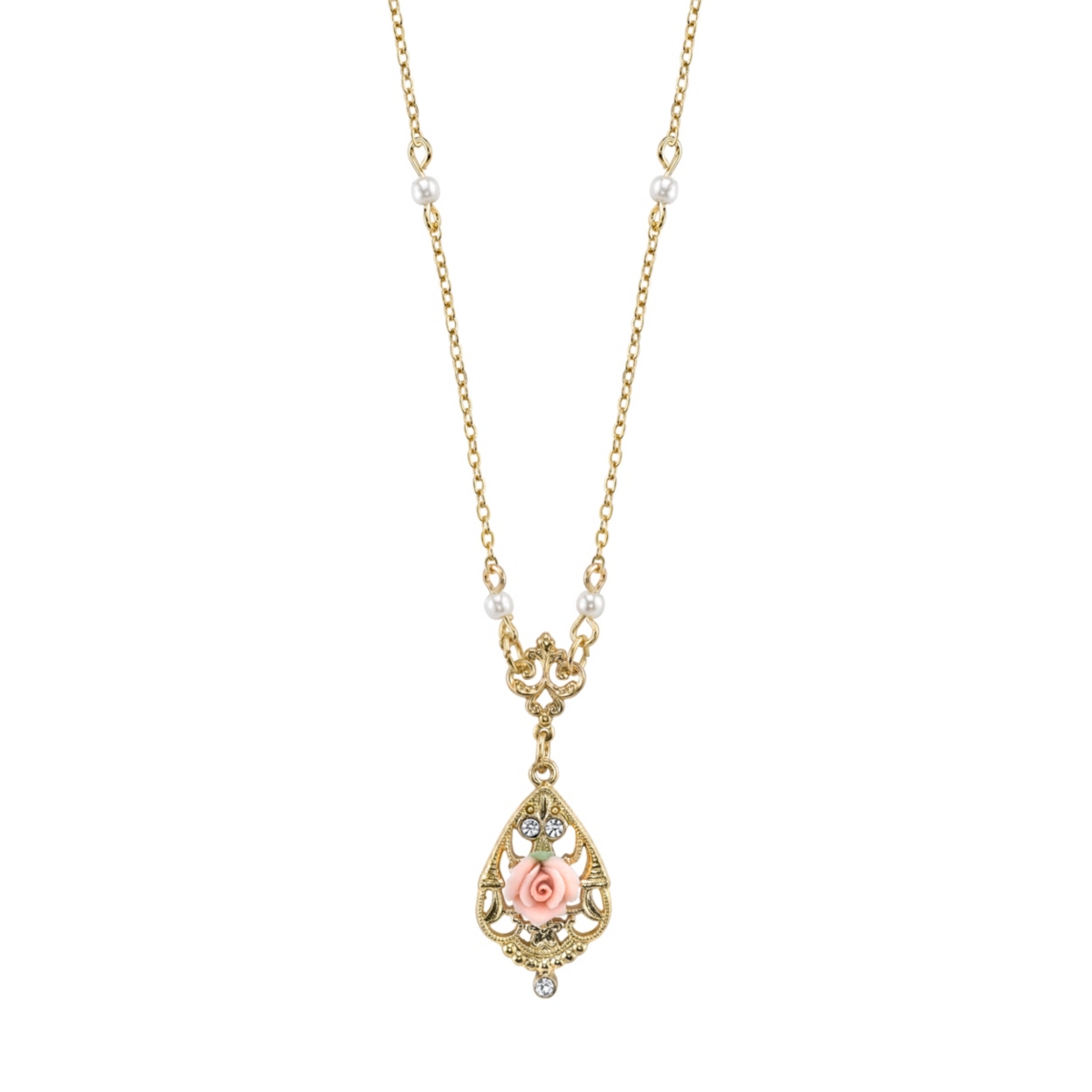 Vintage Style Jewelry, Retro Jewelry 2028 Gold-Tone Crystal and Pink Porcelain Rose Simulated Pearl Necklace 17 - Pink $25.20 AT vintagedancer.com