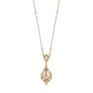 2028 Gold-Tone Crystal and Pink Porcelain Rose Simulated Pearl Necklace ...