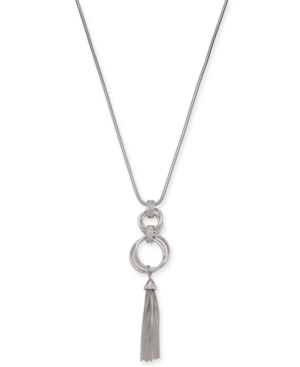 image of Alfani Silver-Tone Pave Hoop & Chain Tassel Pendant Necklace, 28