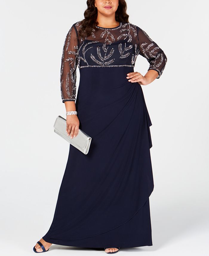 Betsy & Adam Plus Size Beaded Ruched Gown - Macy's