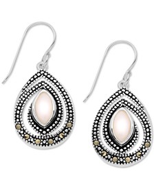 Marcasite & Pink Shell Spiral Teardrop Drop Earrings in Silver-Plate