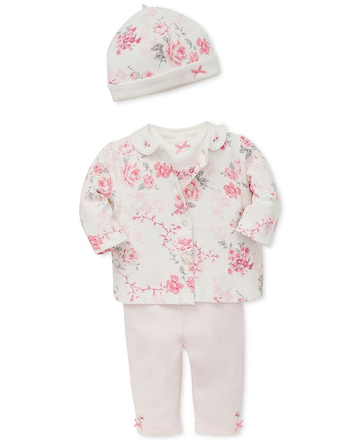 Little Me Baby Girls 4-Pc. Printed Cardigan, Body Suit, Pants & Hat Set ...