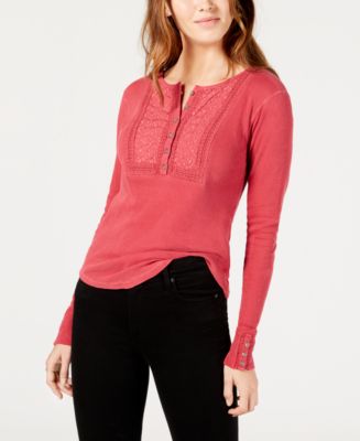 Lucky Brand Jeans Women's Waffle Henley Thermal Pink Brown Leopard Print  SMALL