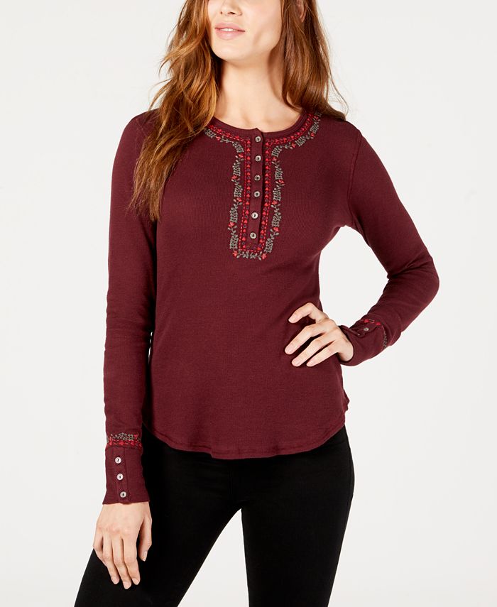Lucky Brand Trendy Plus Size Cotton Embroidered Henley Thermal Top - Macy's