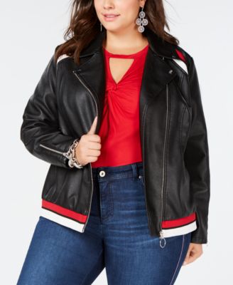 INC International Concepts - Plus Size Varsity-Stripe Moto Jacket