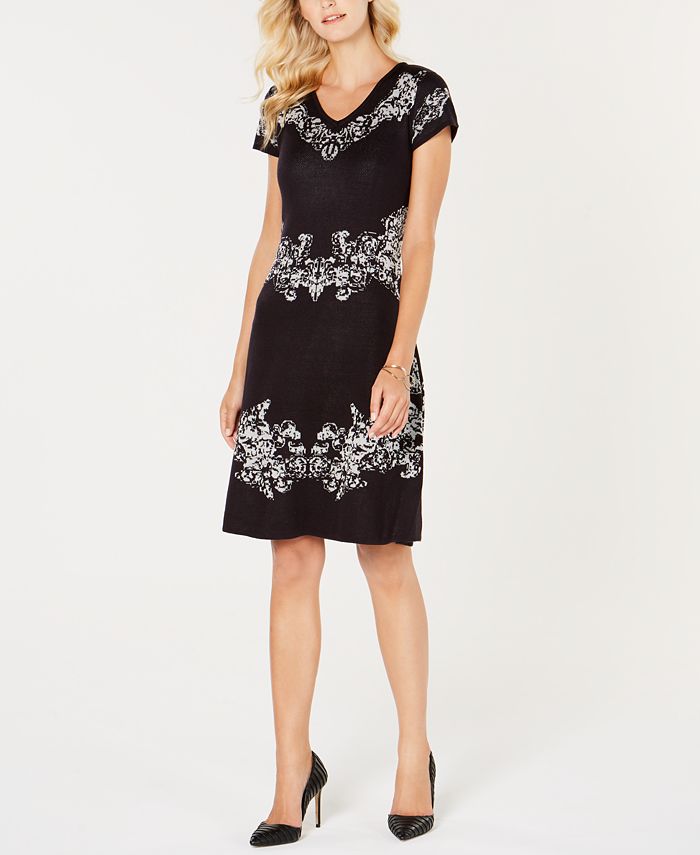 NY Collection Petite Intarsia Fit & Flare Sweater Dress - Macy's
