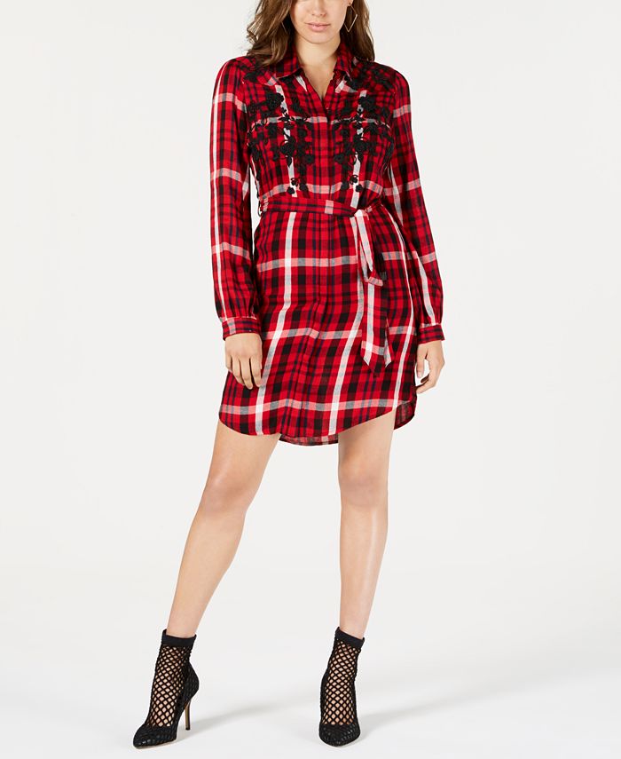 GUESS Embroidered Plaid Shirtdress - Macy's