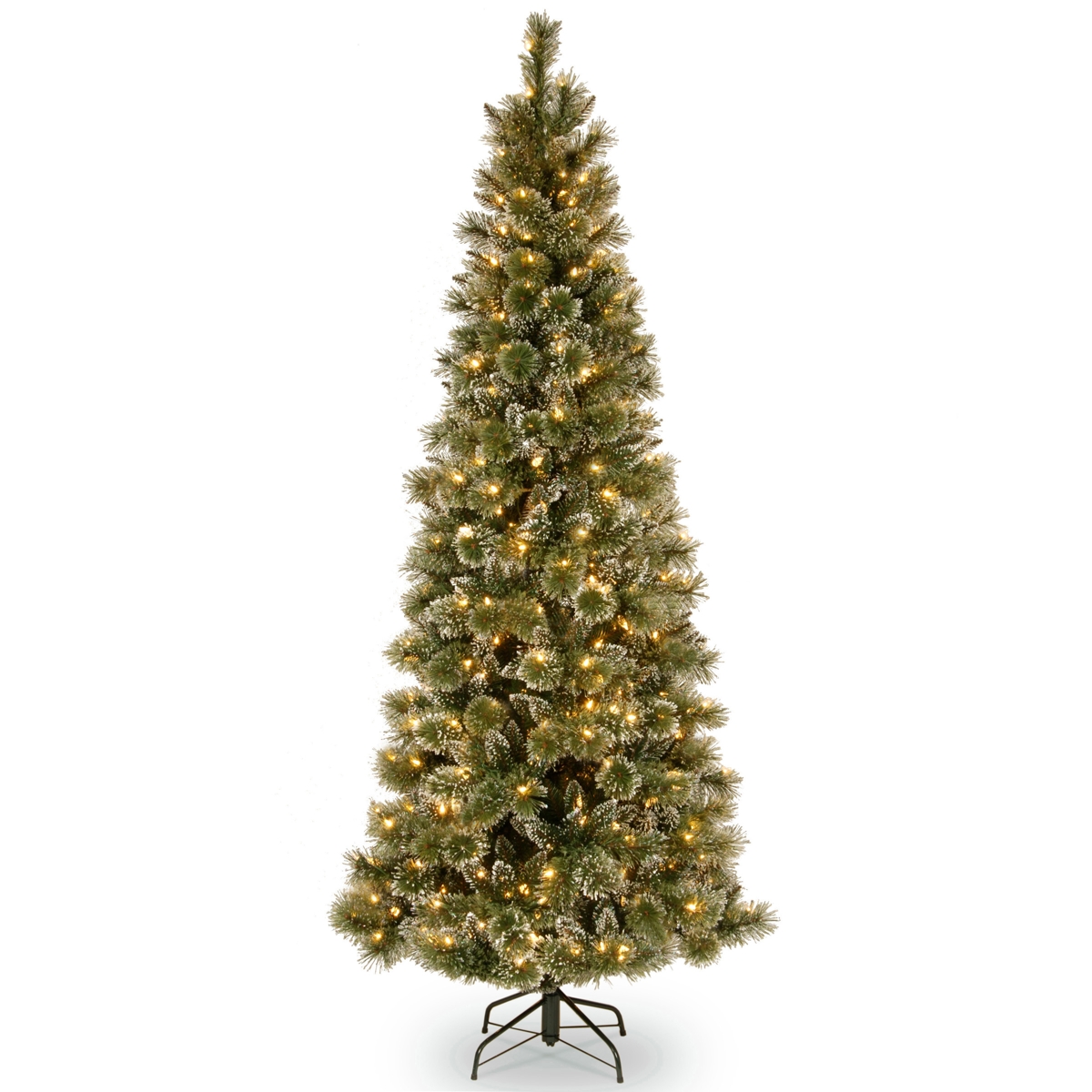 National Tree 6.5' Glittery Bristle Pine Slim Tree with 400 Warm White Led Lights w/ Diamond Caps - Green