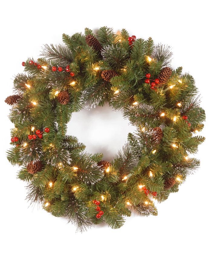 National Tree Company - 20" Crestwood Spruce Wreath with Silver Bristle, Cones, Red Berries and Glitter with 35 Clear Lights