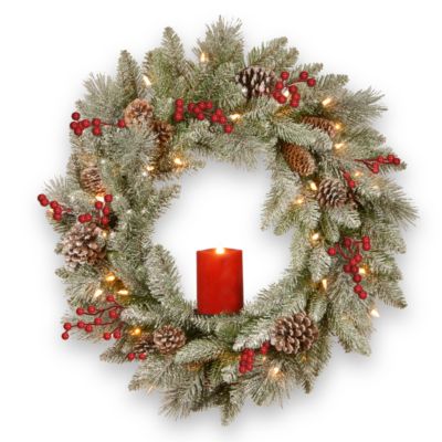 National Tree Company - 24" Feel Real(R) Snowy Bristle Wreath with 50 Battery Operated Red Electronic Candle 9 Red Berries, 15 Cones with Remote Control & Timer-BAT- Pack 1