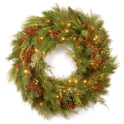 National Tree Company - National Tree 30" White Pine Wreath with Pine Cones and 100 Soft White LED Battery Operated Lights