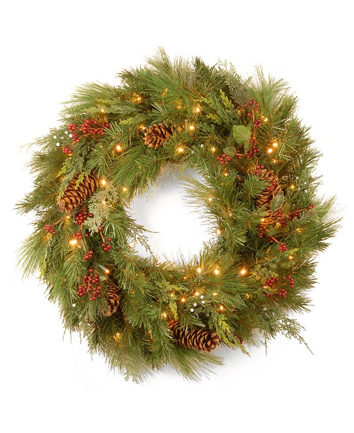 National Tree Company - National Tree 30" White Pine Wreath with Pine Cones and 100 Soft White LED Battery Operated Lights