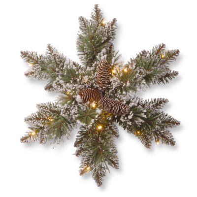 National Tree Company - 18" Glittery Bristle Pine Snowflakes with 6 Cones & 15 Warm White Battery Operated LED Lights w/Timer